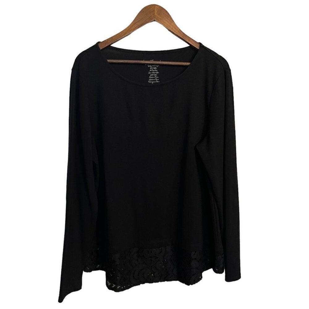 Chico's Womens Black Long Sleeve Round Neck Stretch Lace Trim Blouse Large
